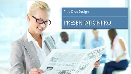 Business Woman Reading Widescreen PowerPoint Template title slide design