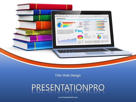 Laptop And Books Blue PowerPoint Template title slide design