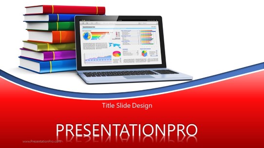 Laptop And Books Red Widescreen PowerPoint Template title slide design