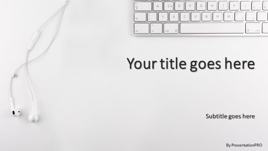White Keyboard Headphones Widescreen PowerPoint Template title slide design