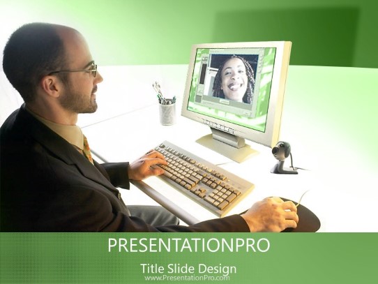 Video Conference Green PowerPoint Template title slide design