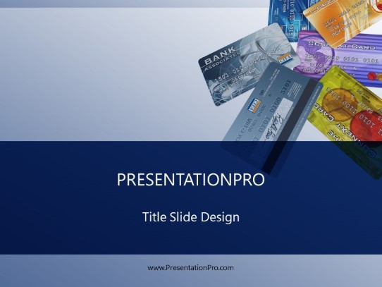 Creditcardpile Blue PowerPoint Template title slide design