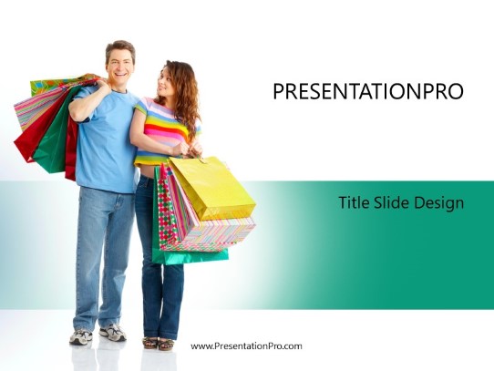 Shopping Couple Teal PowerPoint Template title slide design