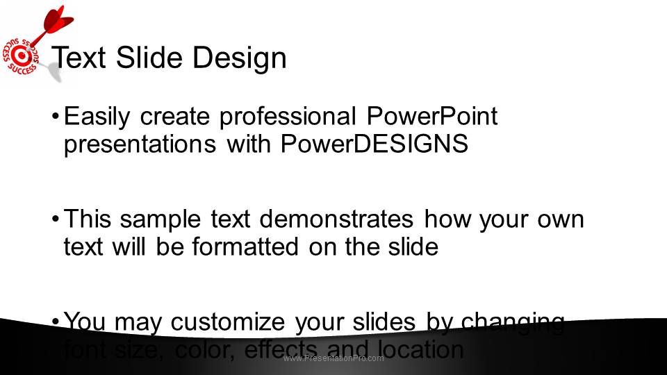 Success On Target Black Widescreen PowerPoint Template text slide design