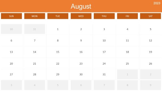 2023 Calendar Monthly August PowerPoint PPT Slide design