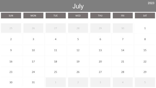 2023 Calendar Monthly July PowerPoint PPT Slide design