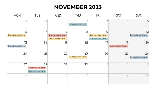 2023 Calendars Monthly Monday November PowerPoint PPT Slide design