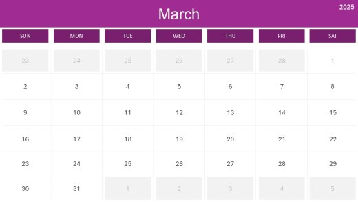2025 Calendar Month Color Grid 03 March PowerPoint PPT Slide design