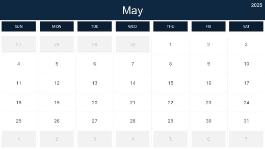 2025 Calendar Month Color Grid 05 May PowerPoint PPT Slide design