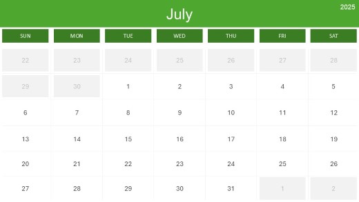 2025 Calendar Month Color Grid 07 July PowerPoint PPT Slide design
