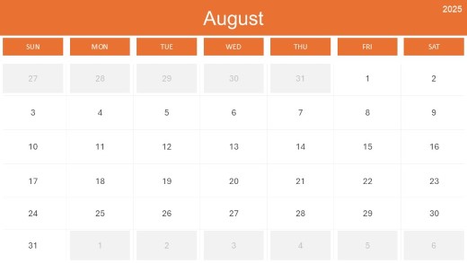 2025 Calendar Month Color Grid 08 August PowerPoint PPT Slide design