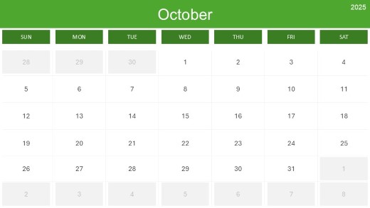 2025 Calendar Month Color Grid 10 October PowerPoint PPT Slide design