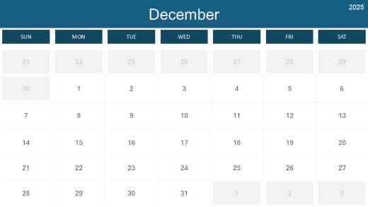 2025 Calendar Month Color Grid 12 December PowerPoint PPT Slide design