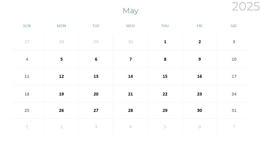 2025 Calendar Monthly Min 05 May PowerPoint PPT Slide design