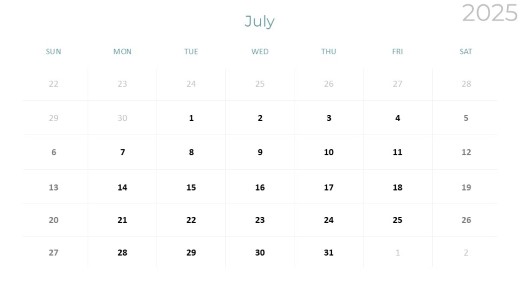 2025 Calendar Monthly Min 07 July PowerPoint PPT Slide design