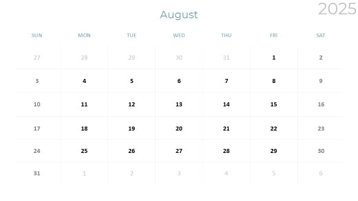 2025 Calendar Monthly Min 08 August PowerPoint PPT Slide design