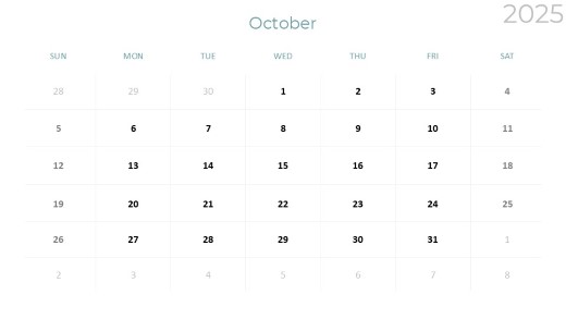 2025 Calendar Monthly Min 10 October PowerPoint PPT Slide design