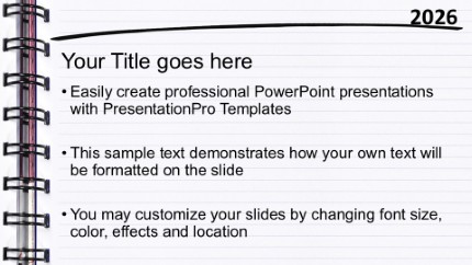 2026 Spiral Notebook Widescreen PowerPoint Template text slide design